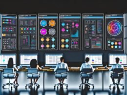Diverse Content-Expertinnen und Experten arbeiten gemeinsam im modernen, minimalistischen Maschinenraum an großen Computermonitoren mit Workflows, Redaktionskalendern und SEO-Analysen, umgeben von leuchtenden KI- und API-Icons.