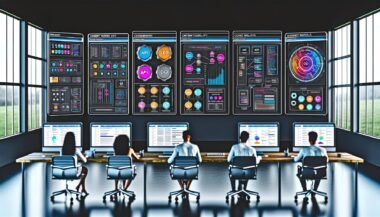 Diverse Content-Expertinnen und Experten arbeiten gemeinsam im modernen, minimalistischen Maschinenraum an großen Computermonitoren mit Workflows, Redaktionskalendern und SEO-Analysen, umgeben von leuchtenden KI- und API-Icons.