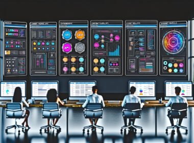 Diverse Content-Expertinnen und Experten arbeiten gemeinsam im modernen, minimalistischen Maschinenraum an großen Computermonitoren mit Workflows, Redaktionskalendern und SEO-Analysen, umgeben von leuchtenden KI- und API-Icons.