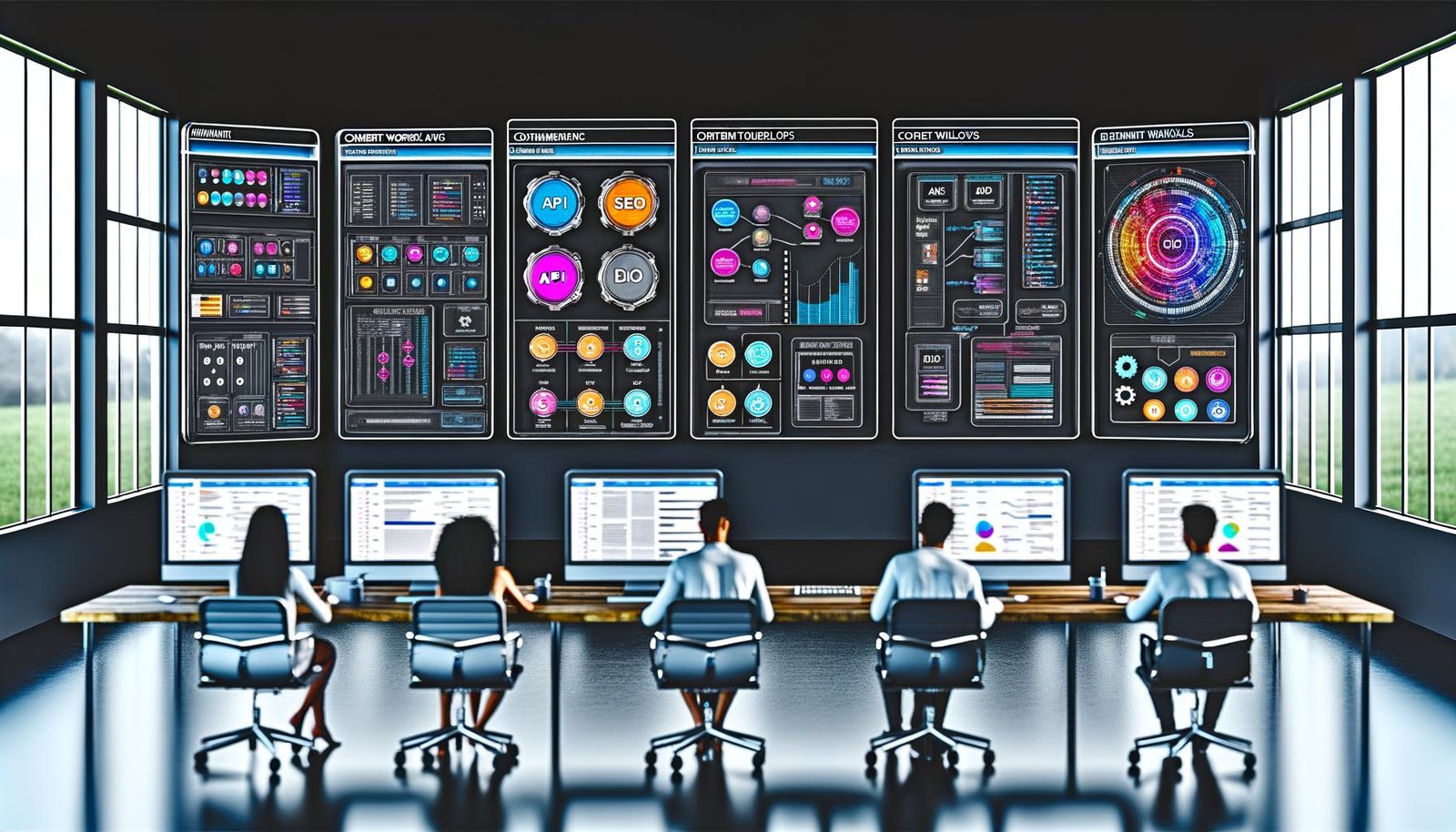 Diverse Content-Expertinnen und Experten arbeiten gemeinsam im modernen, minimalistischen Maschinenraum an großen Computermonitoren mit Workflows, Redaktionskalendern und SEO-Analysen, umgeben von leuchtenden KI- und API-Icons.