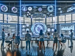 Gruppe von Online-Marketing-Expert:innen diskutiert vor Hologramm-Displays mit AR-Marketing-Formaten in modernem Tech-Lab-Setting.