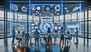 Gruppe von Online-Marketing-Expert:innen diskutiert vor Hologramm-Displays mit AR-Marketing-Formaten in modernem Tech-Lab-Setting.