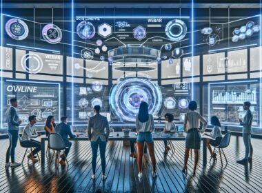 Gruppe von Online-Marketing-Expert:innen diskutiert vor Hologramm-Displays mit AR-Marketing-Formaten in modernem Tech-Lab-Setting.