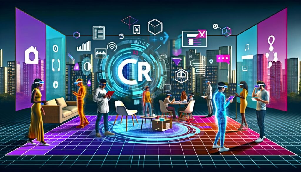 Illustration zeigt Menschen, die mit AR-Inhalten im urbanen Raum interagieren: Möbel werden virtuell platziert, Social-Media-Filter ausprobiert, Teams arbeiten an Strategien; 3D-Objekte und Datenvisualisierungen verschmelzen mit der echten Umgebung.