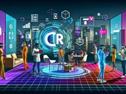 Illustration zeigt Menschen, die mit AR-Inhalten im urbanen Raum interagieren: Möbel werden virtuell platziert, Social-Media-Filter ausprobiert, Teams arbeiten an Strategien; 3D-Objekte und Datenvisualisierungen verschmelzen mit der echten Umgebung.