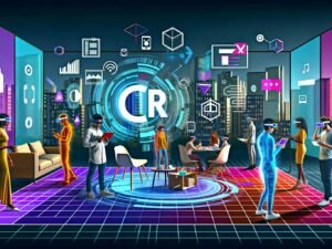 Illustration zeigt Menschen, die mit AR-Inhalten im urbanen Raum interagieren: Möbel werden virtuell platziert, Social-Media-Filter ausprobiert, Teams arbeiten an Strategien; 3D-Objekte und Datenvisualisierungen verschmelzen mit der echten Umgebung.