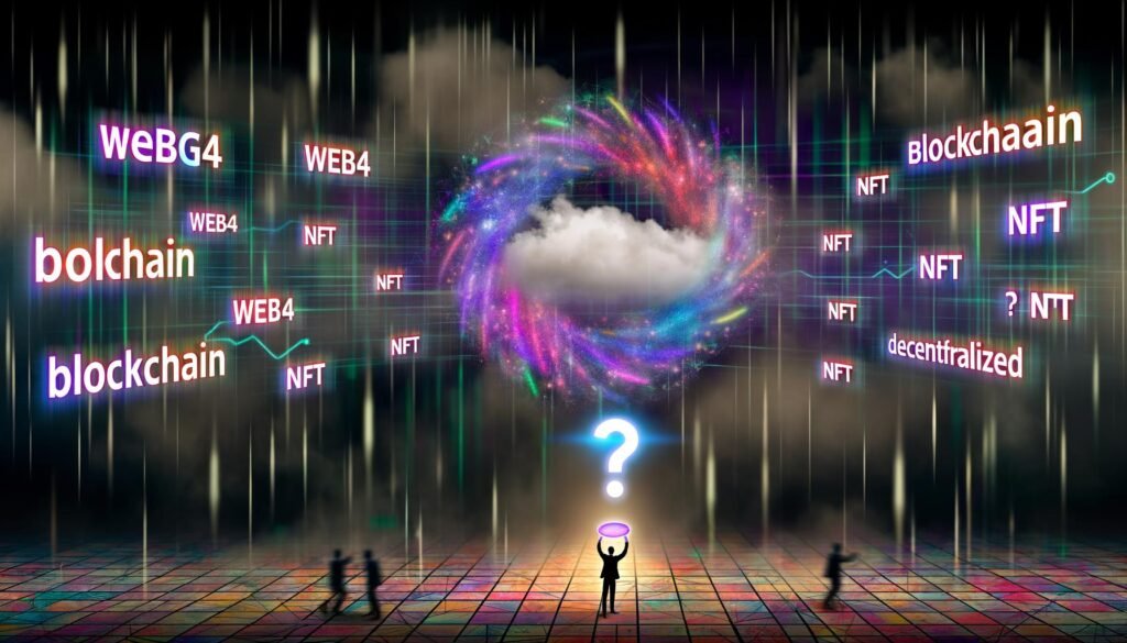 Futuristische Szene mit wirbelndem Datensturm aus Buzzwords wie Web4, Blockchain, NFT und Decentralized über düsteren digitalen Nebelwolken. Unten Marketingleute mit Präsentationen, im Hintergrund komplexe Netzwerkstrukturen; eine Lupe bringt einen Fokusbereich strukturierter Daten hervor.