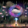 Futuristische Szene mit wirbelndem Datensturm aus Buzzwords wie Web4, Blockchain, NFT und Decentralized über düsteren digitalen Nebelwolken. Unten Marketingleute mit Präsentationen, im Hintergrund komplexe Netzwerkstrukturen; eine Lupe bringt einen Fokusbereich strukturierter Daten hervor.