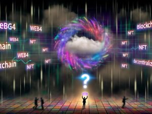 Futuristische Szene mit wirbelndem Datensturm aus Buzzwords wie Web4, Blockchain, NFT und Decentralized über düsteren digitalen Nebelwolken. Unten Marketingleute mit Präsentationen, im Hintergrund komplexe Netzwerkstrukturen; eine Lupe bringt einen Fokusbereich strukturierter Daten hervor.