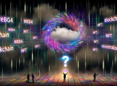 Futuristische Szene mit wirbelndem Datensturm aus Buzzwords wie Web4, Blockchain, NFT und Decentralized über düsteren digitalen Nebelwolken. Unten Marketingleute mit Präsentationen, im Hintergrund komplexe Netzwerkstrukturen; eine Lupe bringt einen Fokusbereich strukturierter Daten hervor.