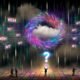 Futuristische Szene mit wirbelndem Datensturm aus Buzzwords wie Web4, Blockchain, NFT und Decentralized über düsteren digitalen Nebelwolken. Unten Marketingleute mit Präsentationen, im Hintergrund komplexe Netzwerkstrukturen; eine Lupe bringt einen Fokusbereich strukturierter Daten hervor.
