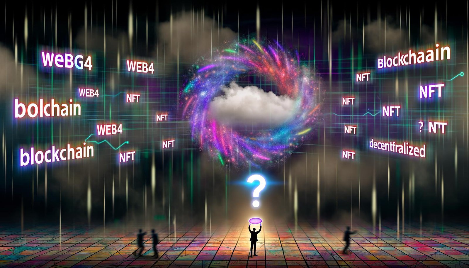 Futuristische Szene mit wirbelndem Datensturm aus Buzzwords wie Web4, Blockchain, NFT und Decentralized über düsteren digitalen Nebelwolken. Unten Marketingleute mit Präsentationen, im Hintergrund komplexe Netzwerkstrukturen; eine Lupe bringt einen Fokusbereich strukturierter Daten hervor.