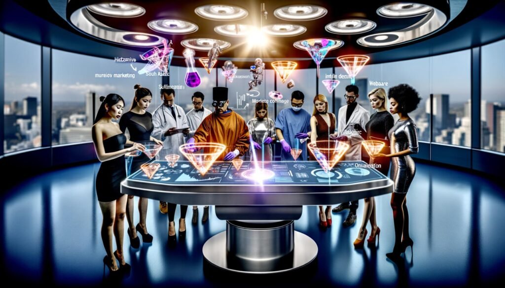 Marketer in futuristischer Umgebung analysieren holographische Daten und 3D-Modelle mit Augmented Reality im digitalen Hightech-Operationssaal.