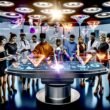 Marketer in futuristischer Umgebung analysieren holographische Daten und 3D-Modelle mit Augmented Reality im digitalen Hightech-Operationssaal.
