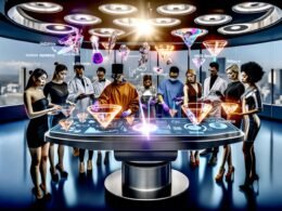 Marketer in futuristischer Umgebung analysieren holographische Daten und 3D-Modelle mit Augmented Reality im digitalen Hightech-Operationssaal.