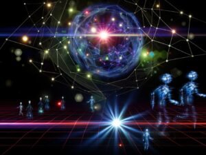 Abstrakte Illustration eines futuristischen Netzwerks mit leuchtenden Linien, holografischen KI-Agenten, Datenströmen und einer schimmernden Kugel, die KI, Edge Computing und XR symbolisiert.