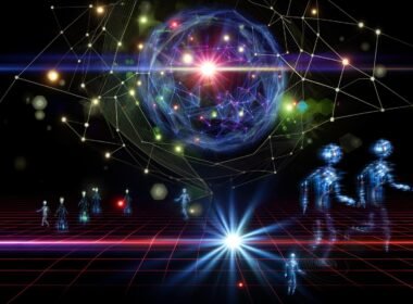 Abstrakte Illustration eines futuristischen Netzwerks mit leuchtenden Linien, holografischen KI-Agenten, Datenströmen und einer schimmernden Kugel, die KI, Edge Computing und XR symbolisiert.