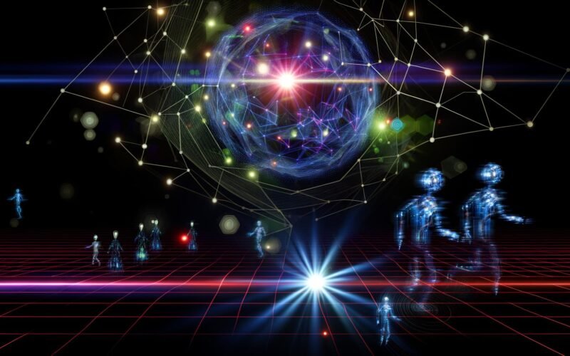 Abstrakte Illustration eines futuristischen Netzwerks mit leuchtenden Linien, holografischen KI-Agenten, Datenströmen und einer schimmernden Kugel, die KI, Edge Computing und XR symbolisiert.