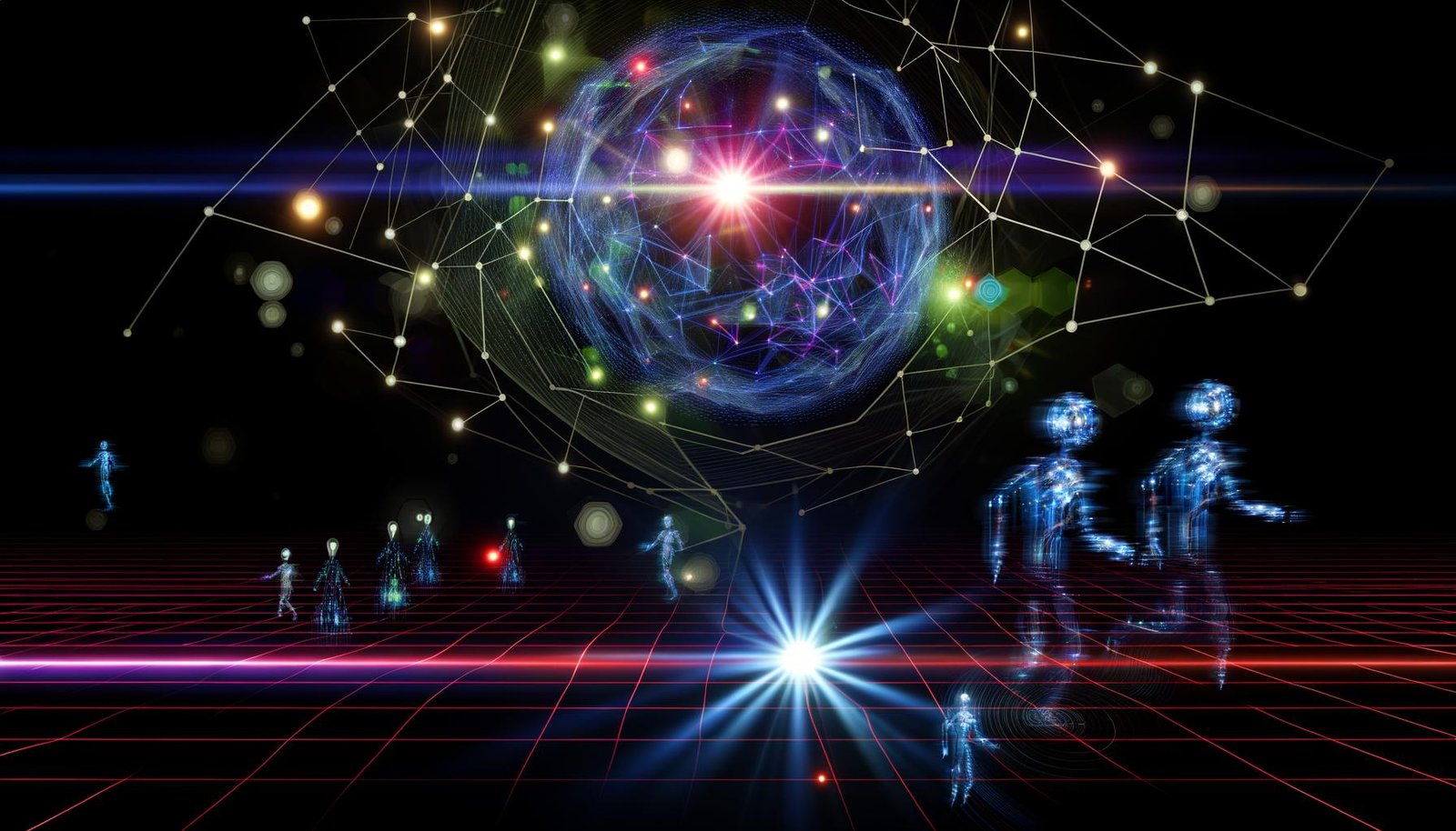 Abstrakte Illustration eines futuristischen Netzwerks mit leuchtenden Linien, holografischen KI-Agenten, Datenströmen und einer schimmernden Kugel, die KI, Edge Computing und XR symbolisiert.