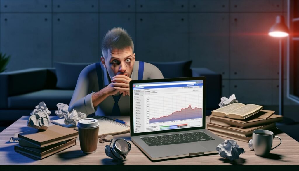 Gestresster Blogger blickt spätabends auf leere Google Analytics-Daten am Laptop, umgeben von Kaffeetassen, zerknüllten Notizen und SEO-Büchern auf einem unordentlichen Schreibtisch.