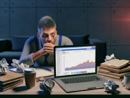 Gestresster Blogger blickt spätabends auf leere Google Analytics-Daten am Laptop, umgeben von Kaffeetassen, zerknüllten Notizen und SEO-Büchern auf einem unordentlichen Schreibtisch.