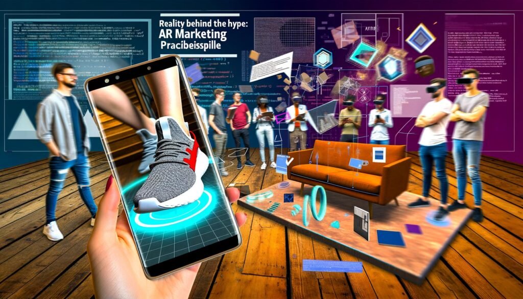 Collage zu AR-Marketing: Virtuelle Sneaker-Anprobe und Möbelplatzierung per Augmented Reality, Nutzergruppen mit Tablets und AR-Headsets sowie technische Overlays, urbanes Setting.