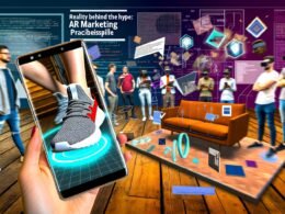 Collage zu AR-Marketing: Virtuelle Sneaker-Anprobe und Möbelplatzierung per Augmented Reality, Nutzergruppen mit Tablets und AR-Headsets sowie technische Overlays, urbanes Setting.