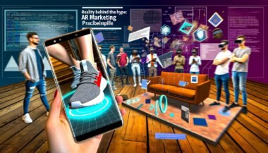Collage zu AR-Marketing: Virtuelle Sneaker-Anprobe und Möbelplatzierung per Augmented Reality, Nutzergruppen mit Tablets und AR-Headsets sowie technische Overlays, urbanes Setting.