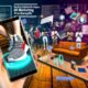 Collage zu AR-Marketing: Virtuelle Sneaker-Anprobe und Möbelplatzierung per Augmented Reality, Nutzergruppen mit Tablets und AR-Headsets sowie technische Overlays, urbanes Setting.