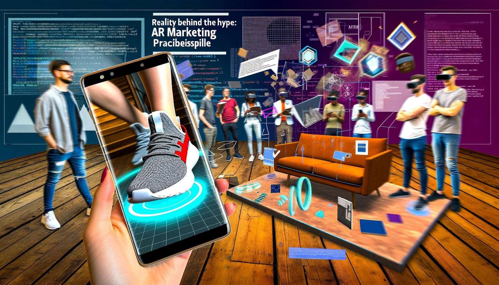 Collage zu AR-Marketing: Virtuelle Sneaker-Anprobe und Möbelplatzierung per Augmented Reality, Nutzergruppen mit Tablets und AR-Headsets sowie technische Overlays, urbanes Setting.