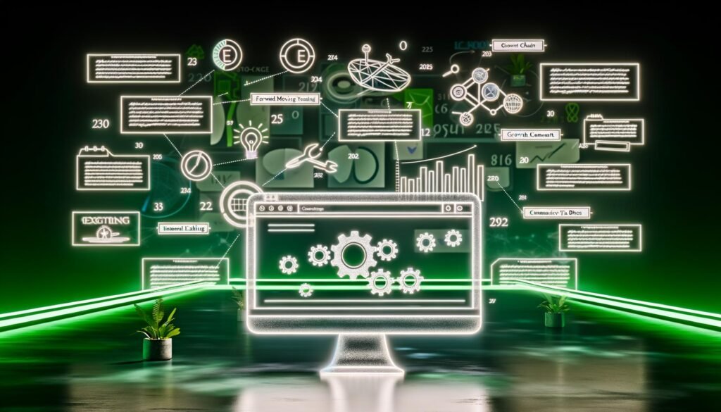 Moderner Arbeitsplatz mit großem Monitor und Blog-Dashboard, umgeben von SEO-Symbolen, Kalenderjahren und vielfältigen Content-Elementen wie Listen und Tabellen, alle durch digitale Links verbunden.