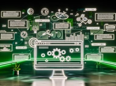 Moderner Arbeitsplatz mit großem Monitor und Blog-Dashboard, umgeben von SEO-Symbolen, Kalenderjahren und vielfältigen Content-Elementen wie Listen und Tabellen, alle durch digitale Links verbunden.