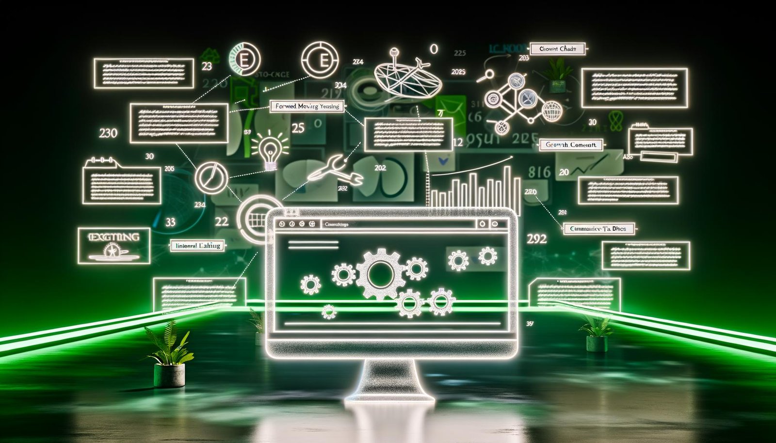 Moderner Arbeitsplatz mit großem Monitor und Blog-Dashboard, umgeben von SEO-Symbolen, Kalenderjahren und vielfältigen Content-Elementen wie Listen und Tabellen, alle durch digitale Links verbunden.