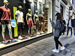 Futuristische Straßenszene in einer belebten europäischen Innenstadt mit Passanten, die Smart Glasses tragen, Schaufenster mit Sneakern verschiedener Markenlogos und einer Frau, die AR am Smartphone nutzt.