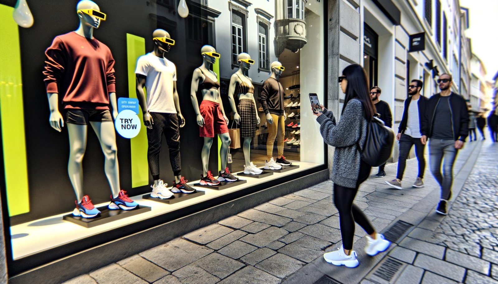 Futuristische Straßenszene in einer belebten europäischen Innenstadt mit Passanten, die Smart Glasses tragen, Schaufenster mit Sneakern verschiedener Markenlogos und einer Frau, die AR am Smartphone nutzt.