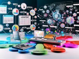Dynamische Illustration eines modernen Blog-Content-Planungsprozesses mit Schreibtisch, Laptop, farbigen Post-its, Redaktionskalender und digitalen SEO-Tools, umgeben von Datenflüssen und Symbolen für Analyse und Distribution.