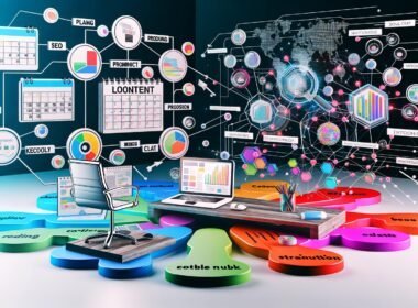 Dynamische Illustration eines modernen Blog-Content-Planungsprozesses mit Schreibtisch, Laptop, farbigen Post-its, Redaktionskalender und digitalen SEO-Tools, umgeben von Datenflüssen und Symbolen für Analyse und Distribution.