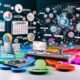 Dynamische Illustration eines modernen Blog-Content-Planungsprozesses mit Schreibtisch, Laptop, farbigen Post-its, Redaktionskalender und digitalen SEO-Tools, umgeben von Datenflüssen und Symbolen für Analyse und Distribution.