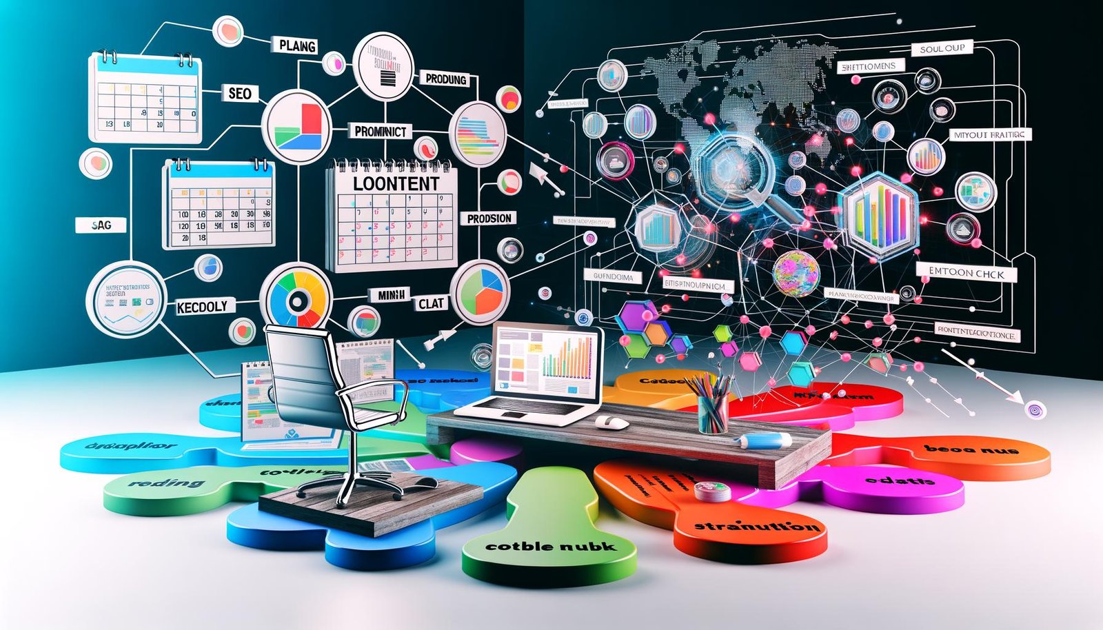 Dynamische Illustration eines modernen Blog-Content-Planungsprozesses mit Schreibtisch, Laptop, farbigen Post-its, Redaktionskalender und digitalen SEO-Tools, umgeben von Datenflüssen und Symbolen für Analyse und Distribution.