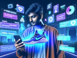 Person hält Smartphone mit 3D-Sneaker-Overlay, umgeben von digitalen Icons und AR-Elementen in urbaner, moderner Stadtlandschaft, starke Blautöne und Neonfarben, Magazin-Titelbild im Stil von 404 Magazine (Tobias Hager).