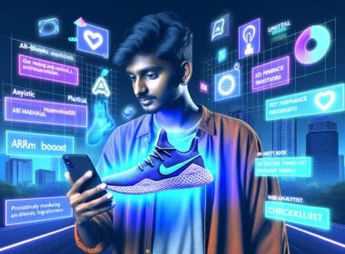 Person hält Smartphone mit 3D-Sneaker-Overlay, umgeben von digitalen Icons und AR-Elementen in urbaner, moderner Stadtlandschaft, starke Blautöne und Neonfarben, Magazin-Titelbild im Stil von 404 Magazine (Tobias Hager).
