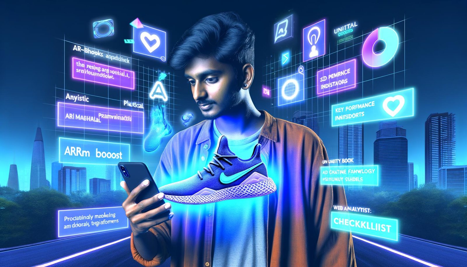 Person hält Smartphone mit 3D-Sneaker-Overlay, umgeben von digitalen Icons und AR-Elementen in urbaner, moderner Stadtlandschaft, starke Blautöne und Neonfarben, Magazin-Titelbild im Stil von 404 Magazine (Tobias Hager).