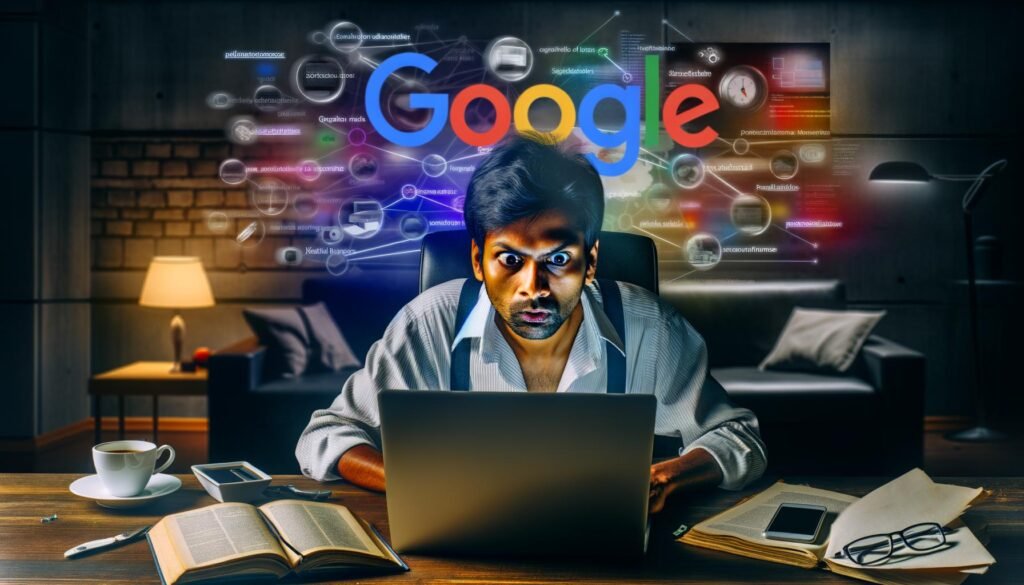 SEO-Blogger am Laptop mit farbigen Notizzetteln, SEO-Checklisten, Monitor mit Google-Rankings, Kaffee, Fachbüchern, Smartphones, digitalen Mindmaps und großem Google-Logo im Hintergrund.