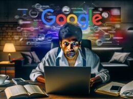 SEO-Blogger am Laptop mit farbigen Notizzetteln, SEO-Checklisten, Monitor mit Google-Rankings, Kaffee, Fachbüchern, Smartphones, digitalen Mindmaps und großem Google-Logo im Hintergrund.
