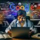 SEO-Blogger am Laptop mit farbigen Notizzetteln, SEO-Checklisten, Monitor mit Google-Rankings, Kaffee, Fachbüchern, Smartphones, digitalen Mindmaps und großem Google-Logo im Hintergrund.