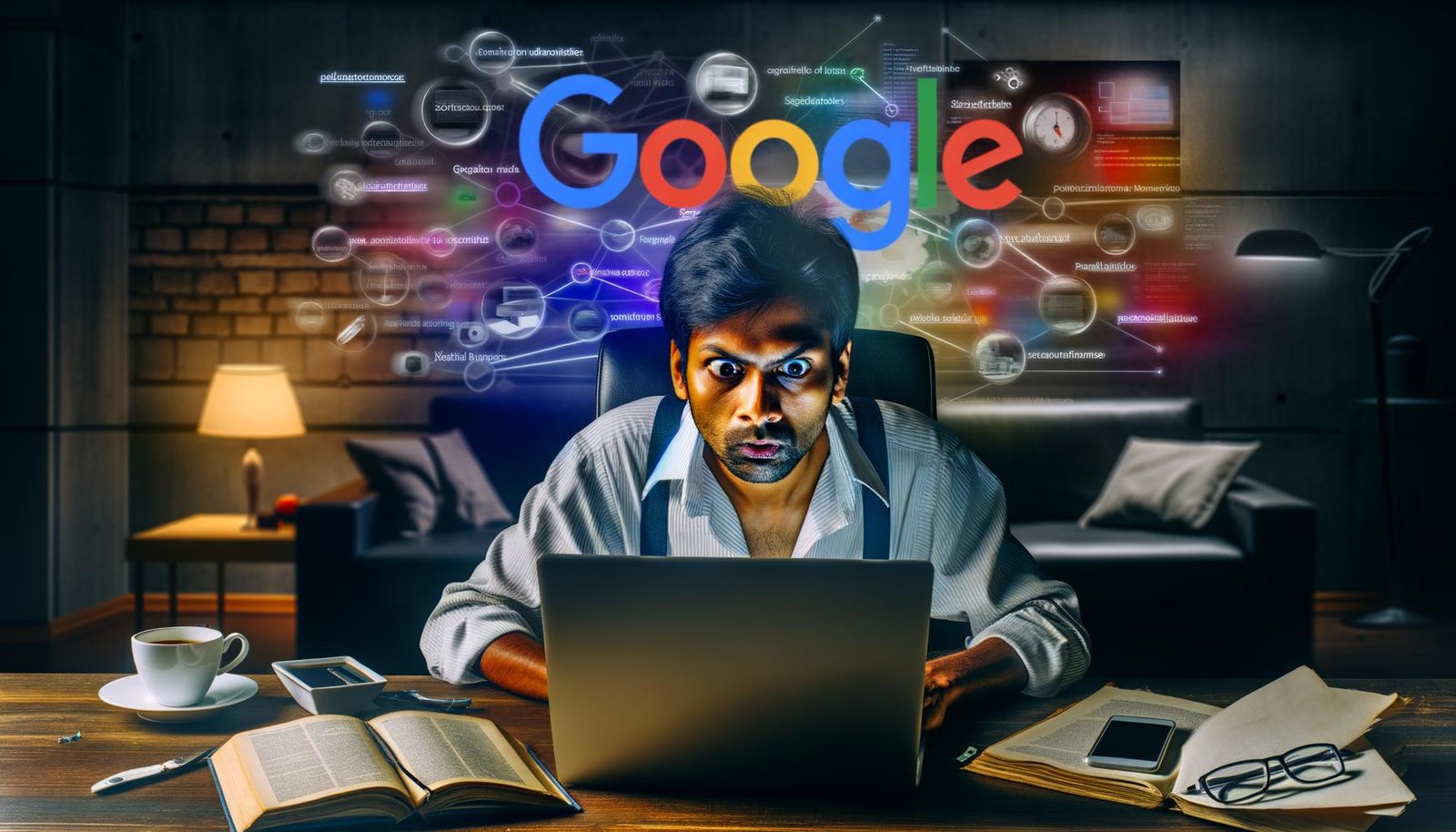 SEO-Blogger am Laptop mit farbigen Notizzetteln, SEO-Checklisten, Monitor mit Google-Rankings, Kaffee, Fachbüchern, Smartphones, digitalen Mindmaps und großem Google-Logo im Hintergrund.