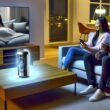 Modernes Wohnzimmer mit zwei Personen auf einem Sofa, einer digital eingefügten, leuchtenden Getränkedose auf dem Tisch und einem Fernseher mit pausierter Serie im Hintergrund.