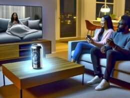 Modernes Wohnzimmer mit zwei Personen auf einem Sofa, einer digital eingefügten, leuchtenden Getränkedose auf dem Tisch und einem Fernseher mit pausierter Serie im Hintergrund.