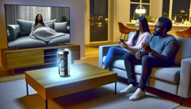 Modernes Wohnzimmer mit zwei Personen auf einem Sofa, einer digital eingefügten, leuchtenden Getränkedose auf dem Tisch und einem Fernseher mit pausierter Serie im Hintergrund.
