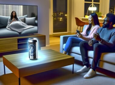 Modernes Wohnzimmer mit zwei Personen auf einem Sofa, einer digital eingefügten, leuchtenden Getränkedose auf dem Tisch und einem Fernseher mit pausierter Serie im Hintergrund.